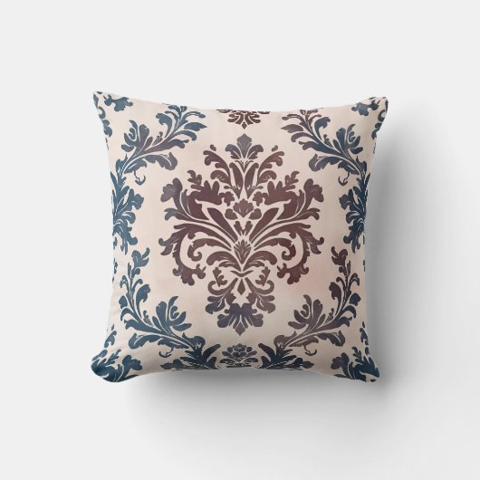 Elegant Blue and Burgundy Damask Pattern クッション (正面)
