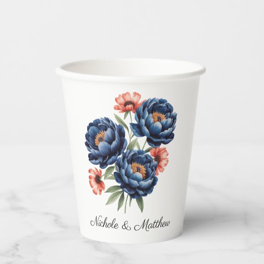 Elegant Blue and Burnt Orange Floral Wedding 紙コップ (正面)
