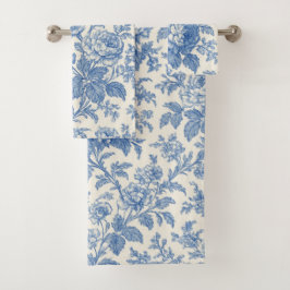 Elegant Blue and Cream Floral Toile de Jouy バスタオルセット