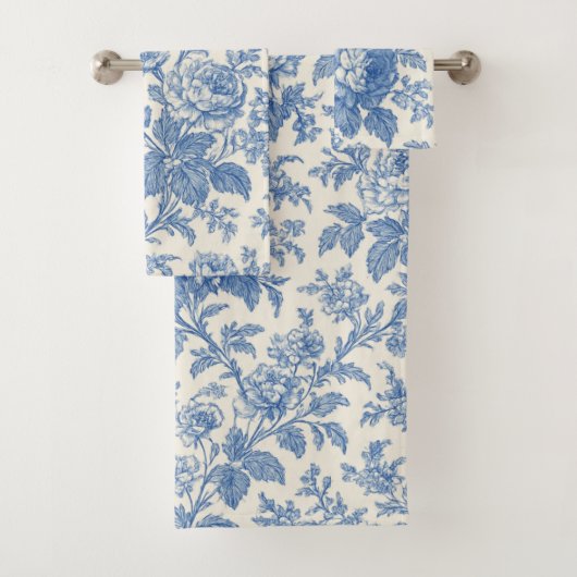 Elegant Blue and Cream Floral Toile de Jouy バスタオルセット (インサイチュ)