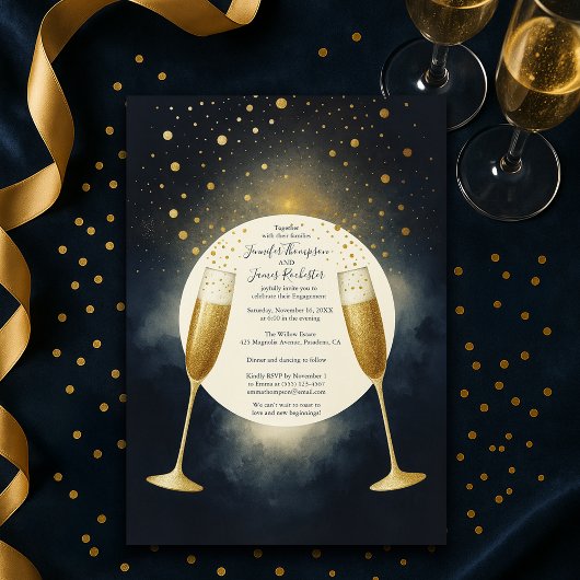 Elegant Blue and Gold Champagne Engagement Party 招待状