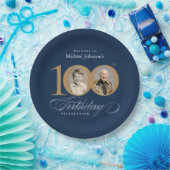 Elegant Blue and Gold Custom Photo 100th Birthday ペーパープレート (パーティー)