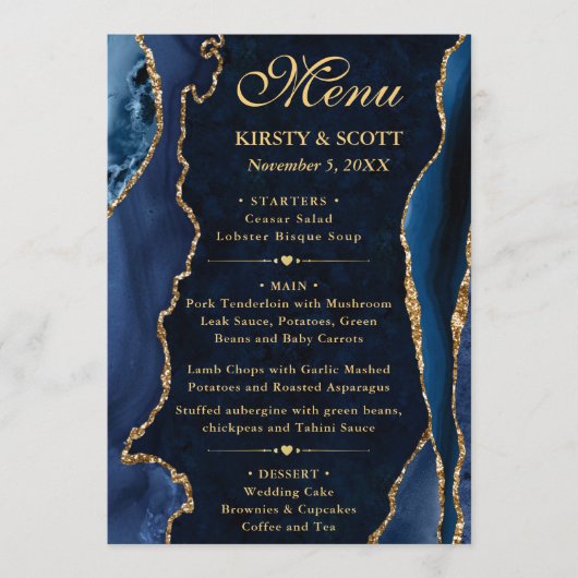 Elegant Blue and Gold Faux Glitter Agate Wedding メニュー (正面)