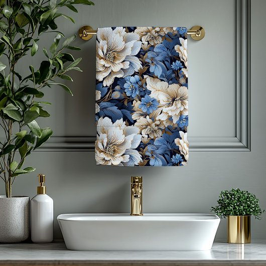 Elegant Blue and Gold Floral Bath Towel バスタオルセット