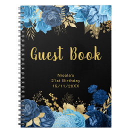 Elegant Blue and Gold Flowers Birthday Guest Book ノートブック