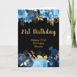 Elegant Blue and Gold Flowers Birthday Party カード