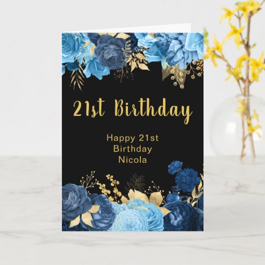 Elegant Blue and Gold Flowers Birthday Party カード (黄色い花)
