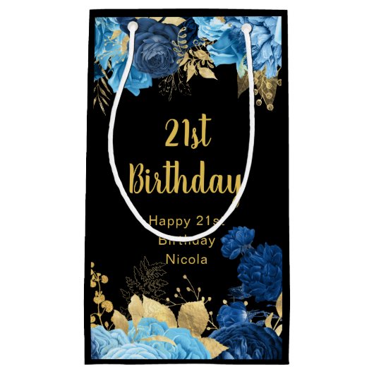 Elegant Blue and Gold Flowers Birthday Party スモールペーパーバッグ (正面)