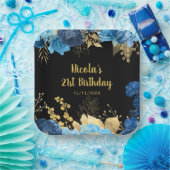 Elegant Blue and Gold Flowers Birthday Party  ペーパープレート (パーティー)
