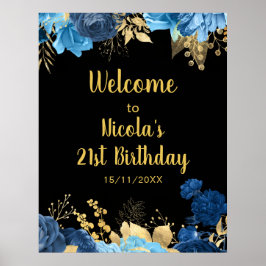 Elegant Blue and Gold Flowers Birthday Party ポスター