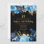 Elegant Blue and Gold Flowers Birthday Party 招待状 (正面)
