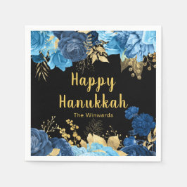 Elegant Blue and Gold Flowers Hanukkah Party スタンダードカクテルナプキン
