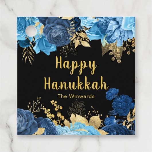 Elegant Blue and Gold Flowers Hanukkah Party フェイバータグ (正面)