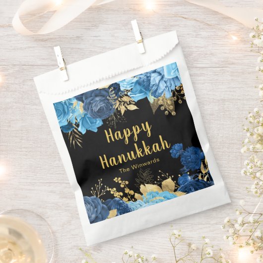 Elegant Blue and Gold Flowers Hanukkah Party フェイバーバッグ (クリップ留めされた状態)