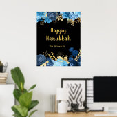 Elegant Blue and Gold Flowers Hanukkah Party ポスター (ホームオフィス)