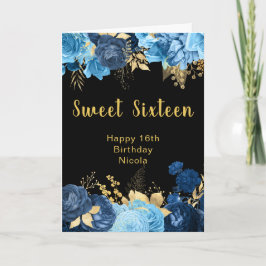 Elegant Blue and Gold Flowers Sweet Sixteen カード
