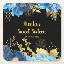 Elegant Blue and Gold Flowers Sweet Sixteen スクエアペーパーコースター