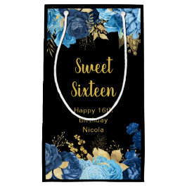 Elegant Blue and Gold Flowers Sweet Sixteen スモールペーパーバッグ