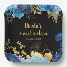Elegant Blue and Gold Flowers Sweet Sixteen