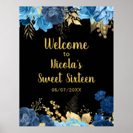 Elegant Blue and Gold Flowers Sweet Sixteen ポスター