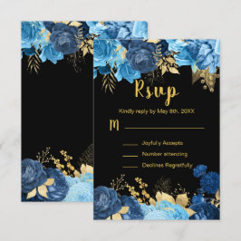 Elegant Blue and Gold Flowers Sweet Sixteen 出欠カード