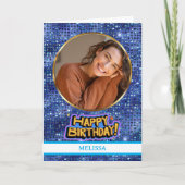 Elegant Blue and Gold Glitter Photo Name Birthday カード (正面)