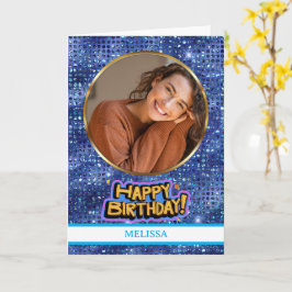 Elegant Blue and Gold Glitter Photo Name Birthday カード