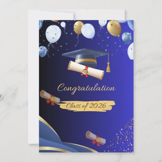 Elegant Blue and Gold Graduation Congratulations C 案内状 (正面)