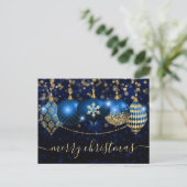 Elegant Blue and Gold Ornament Merry Christmas シーズンポストカード (スタンド正面)