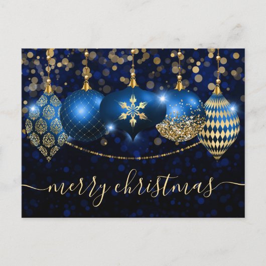 Elegant Blue and Gold Ornament Merry Christmas シーズンポストカード (正面)