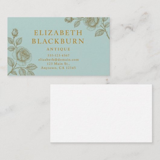 Elegant Blue and Gold Rose Business Card 名刺 (正面/裏面)