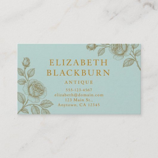 Elegant Blue and Gold Rose Business Card 名刺 (正面)