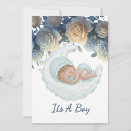 Elegant blue and gold roses baby boy shower 招待状