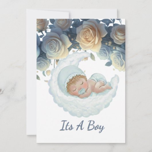 Elegant blue and gold roses baby boy shower 招待状 (正面)