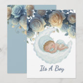 Elegant blue and gold roses baby boy shower 招待状 (正面/裏面)