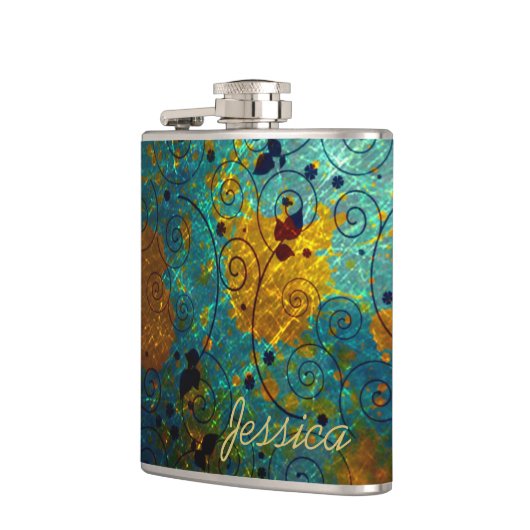 Elegant Blue and Gold Vine Abstract Personalised フラスク (左)