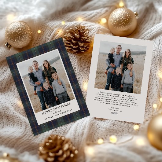 Elegant Blue and Green Plaid Photo Christmas シーズンカード