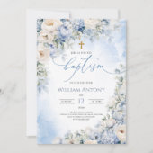 Elegant Blue and Ivory Floral Boy Baptism Christen 招待状 (正面)