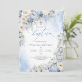 Elegant Blue and Ivory Floral Boy Baptism Christen 招待状 (スタンド正面)