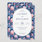 Elegant Blue and Pink Floral 招待状 (正面/裏面)