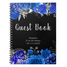 Elegant Blue and Silver Flower Birthday Guest Book ノートブック