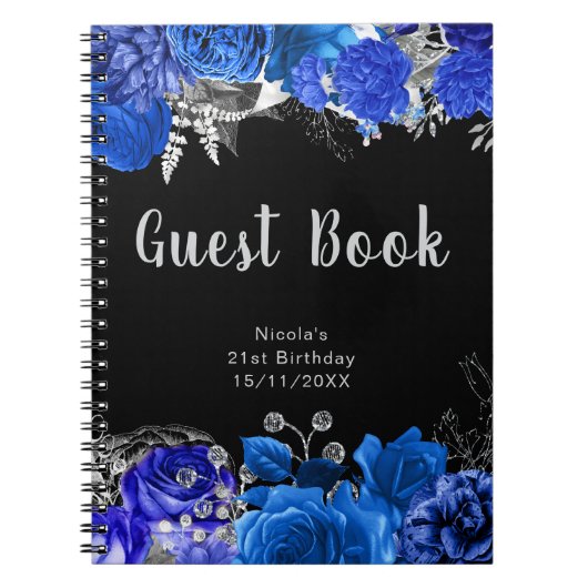 Elegant Blue and Silver Flower Birthday Guest Book ノートブック (正面)