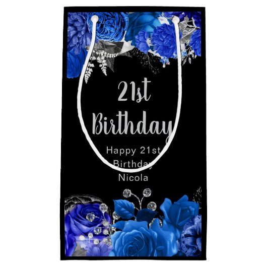 Elegant Blue and Silver Flowers Birthday Party スモールペーパーバッグ (正面)