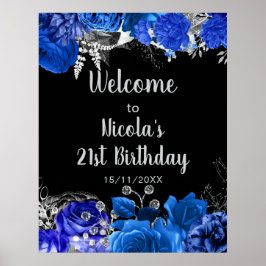 Elegant Blue and Silver Flowers Birthday Party ポスター