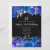 Elegant Blue and Silver Flowers Birthday Party 招待状 (正面)