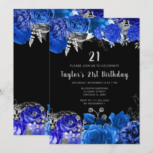 Elegant Blue and Silver Flowers Birthday Party 招待状 (正面/裏面)