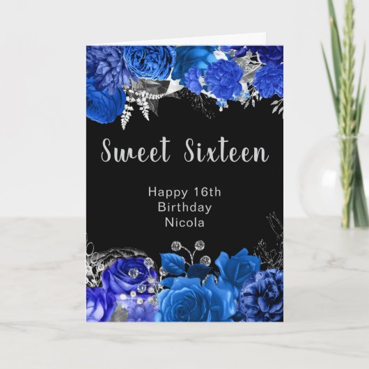 Elegant Blue and Silver Flowers Sweet Sixteen カード (正面)