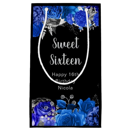 Elegant Blue and Silver Flowers Sweet Sixteen スモールペーパーバッグ (正面)