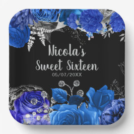Elegant Blue and Silver Flowers Sweet Sixteen ペーパープレート