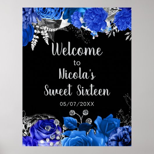 Elegant Blue and Silver Flowers Sweet Sixteen ポスター (正面)